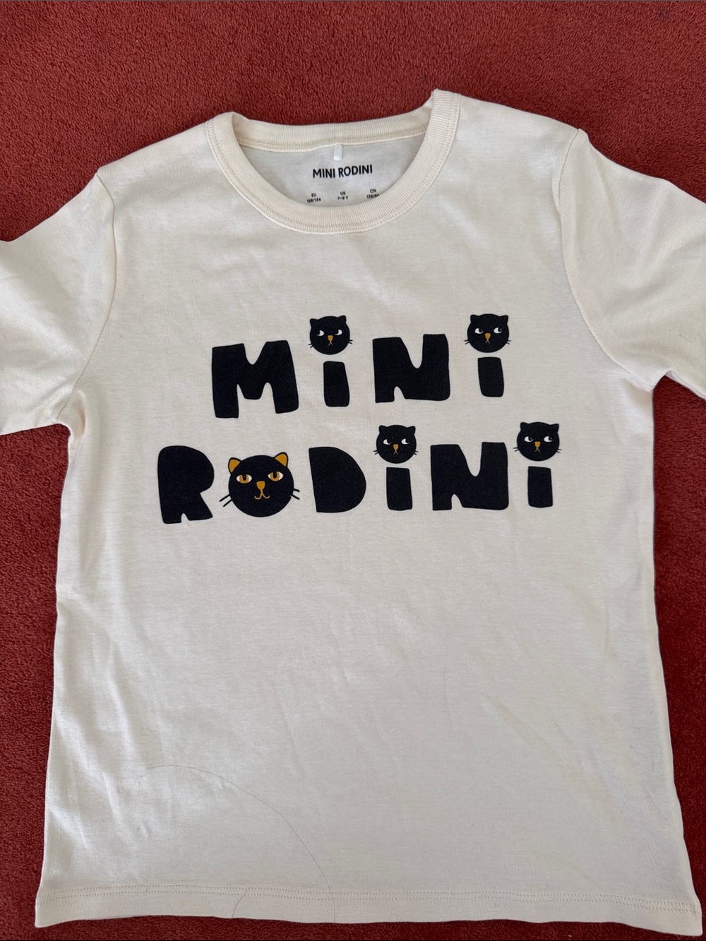 Mini Rodini Off-White Tee with Black Cat Logo